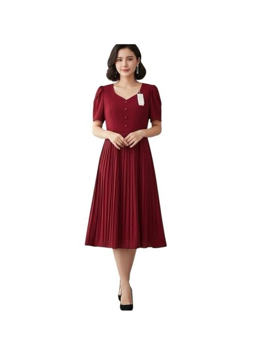 Dresses & Skirts - Burgundy Red Pleated Midi Dress Flutter Sleeves Size 2XL
